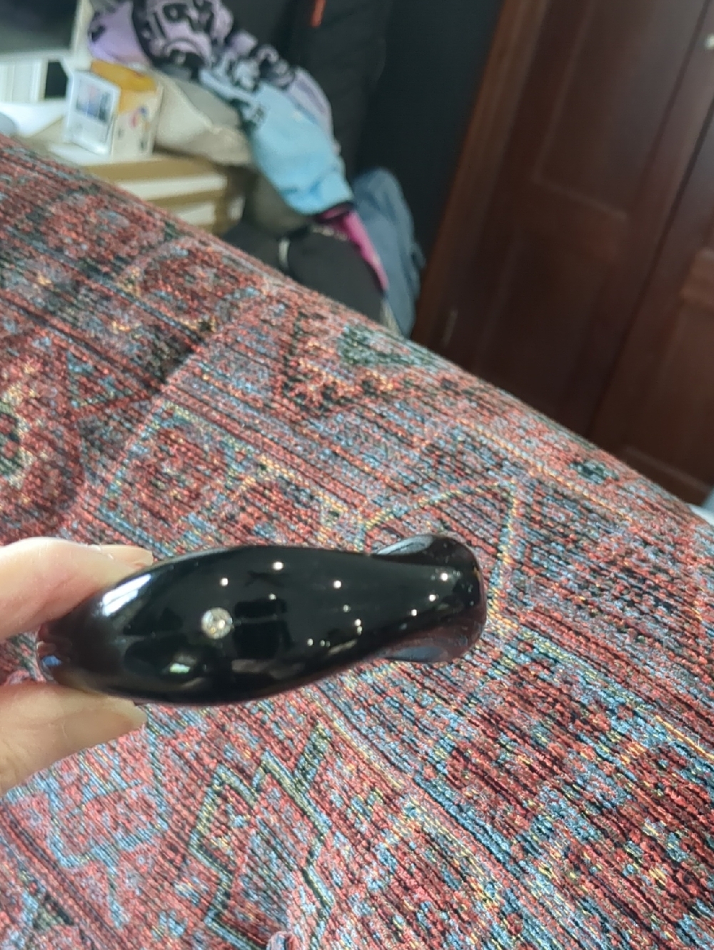 Black Glossy Resin Bangle with Three Clear Stones